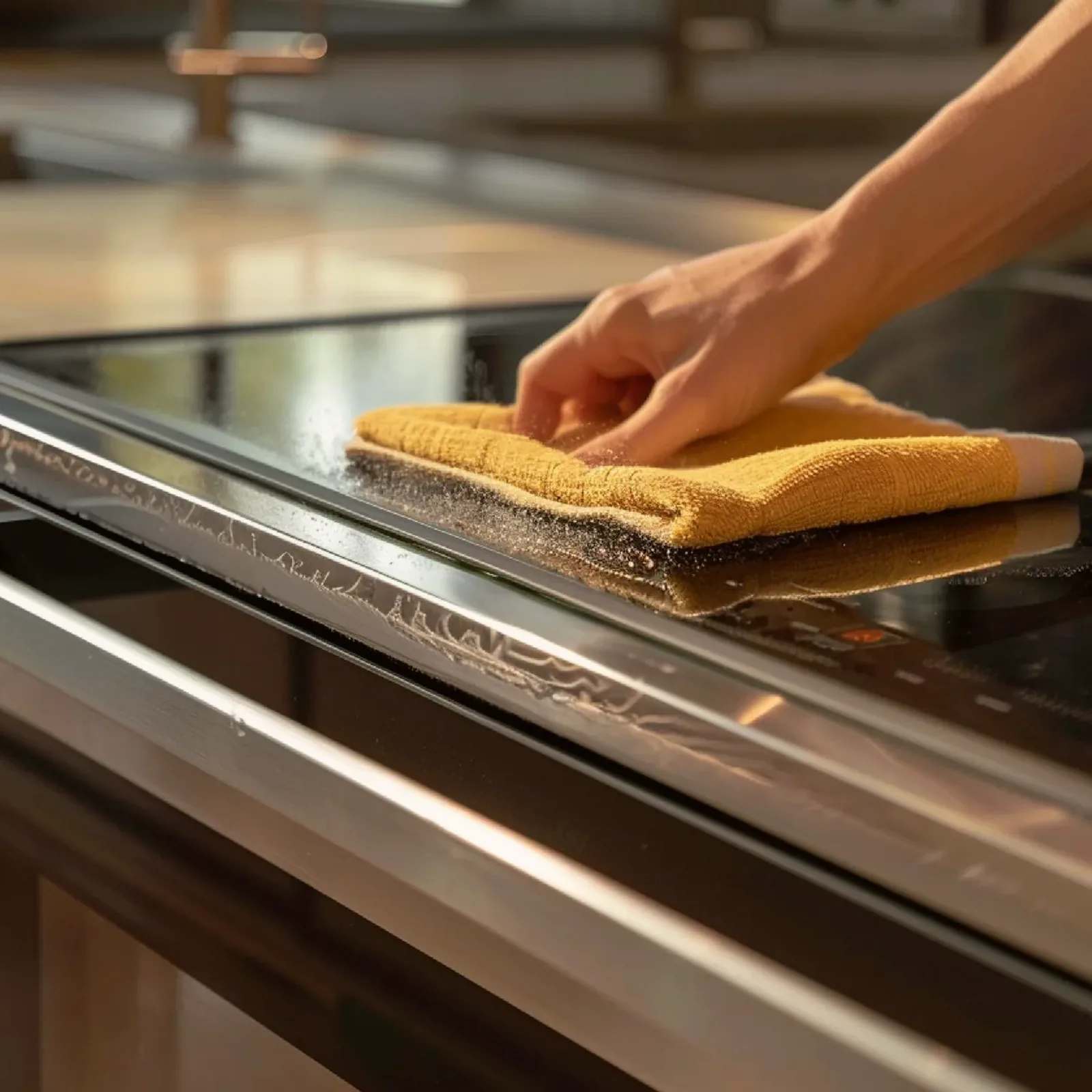 A hand wiping down a stainless kitchen counter with a cloth